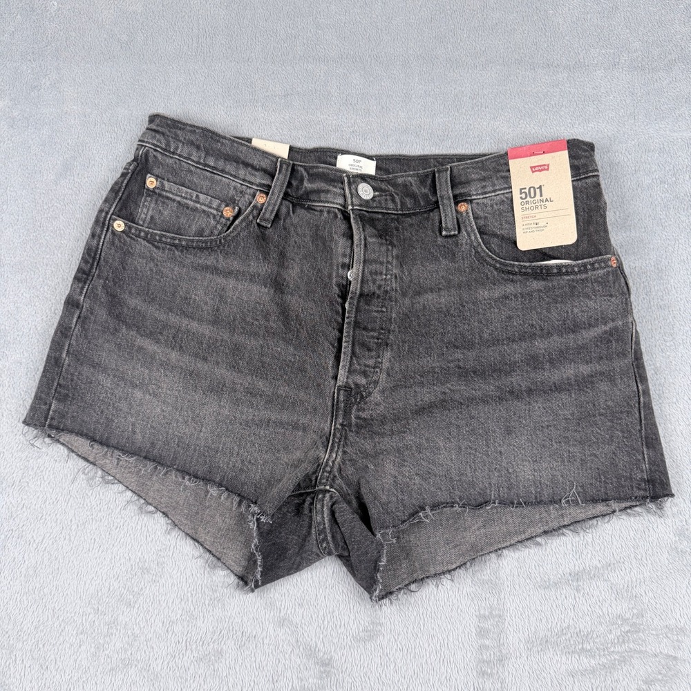 Levis 501 Original Shorts Womens 33 High Rise Washed Black Stretch Denim Cut Off